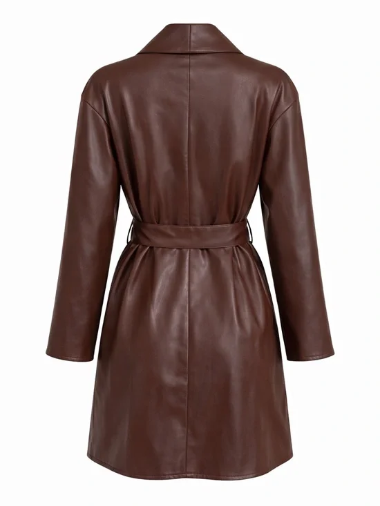 Kenneth Cole Vegan Leather Belted Trench Coat Brown Luxe Minimalist Jacket Sz L - Picture 3 of 15